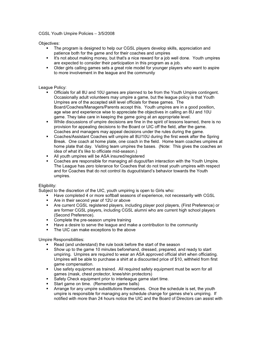 CGSL Youth Umpire Policies and Procedures 3/5/2008