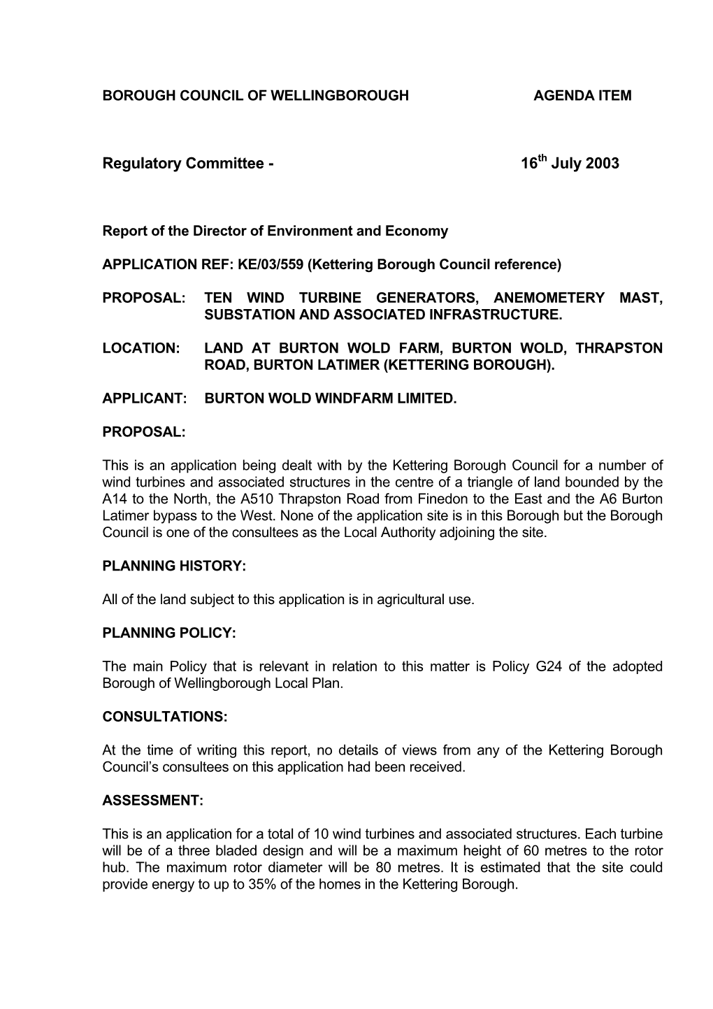 Borough Council of Wellingborough Agenda Item