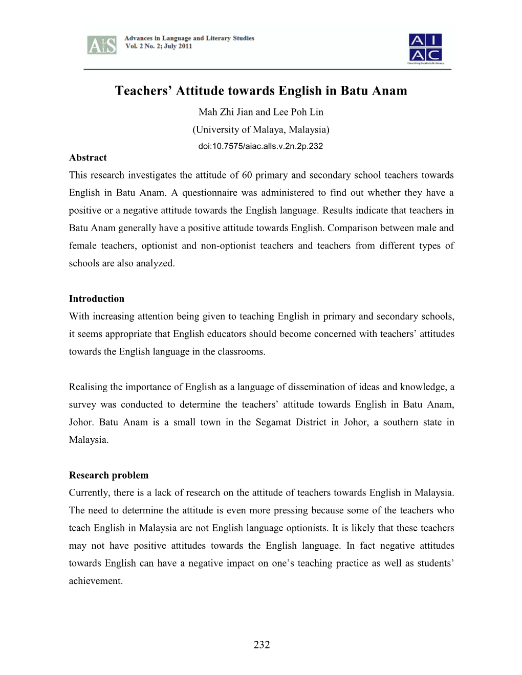 Teachers' Attitude Towards English in Batu Anam