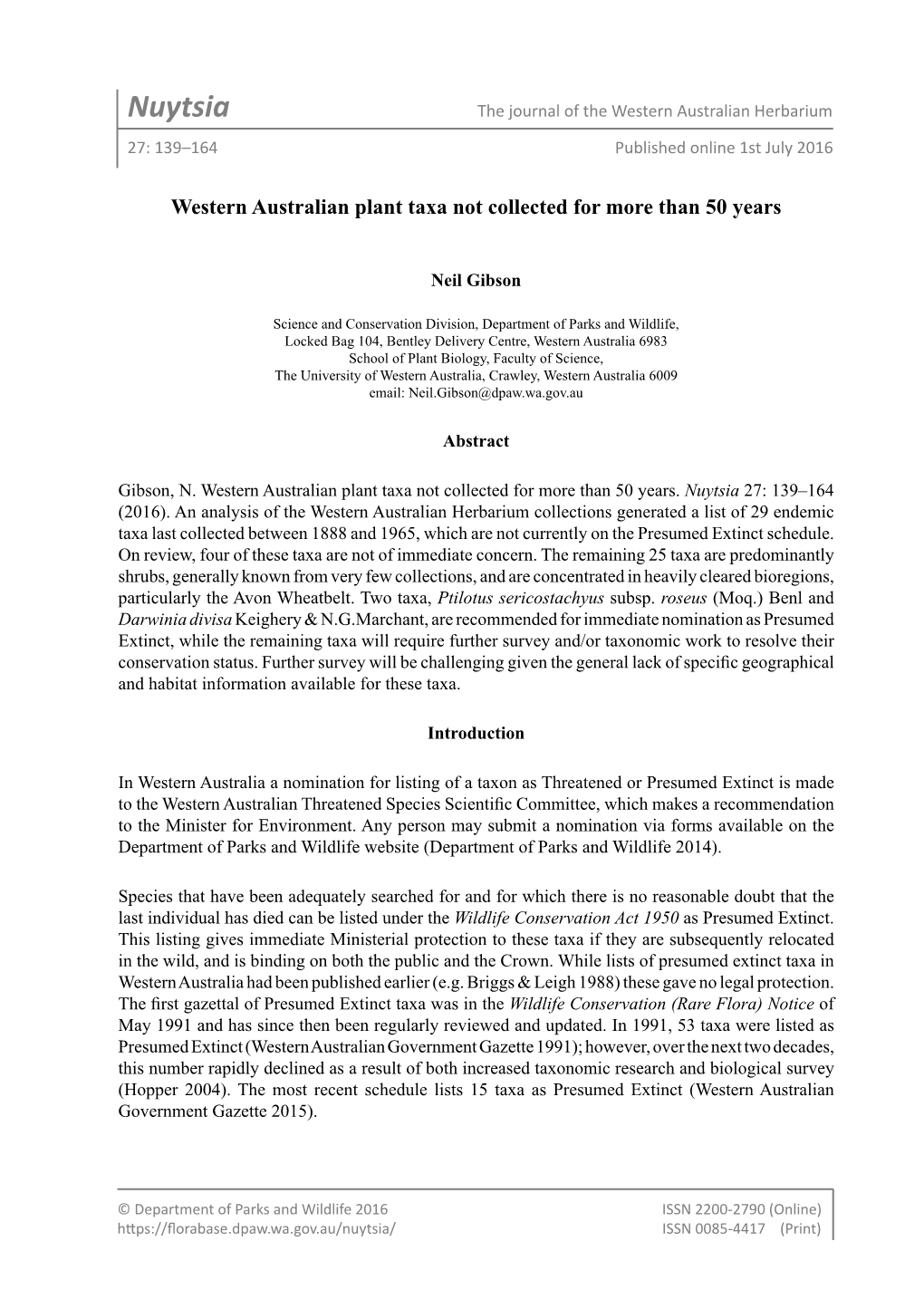 Nuytsia the Journal of the Western Australian Herbarium 27: 139–164 Published Online 1St July 2016