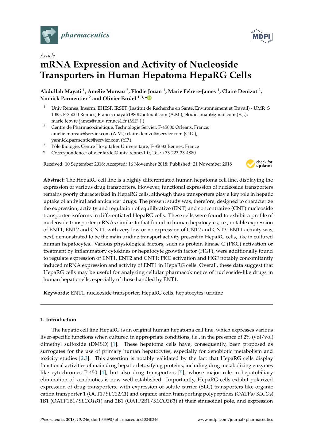 Mrna Expression and Activity of Nucleoside Transporters in Human Hepatoma Heparg Cells