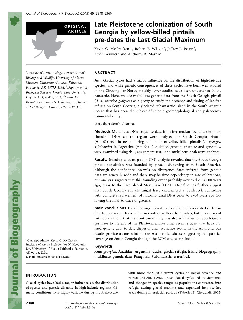 Late Pleistocene Colonization of South Georgia by Yellowbilled Pintails