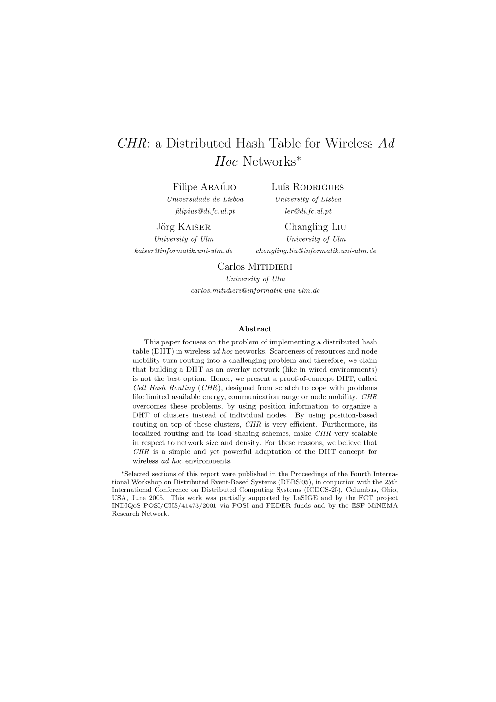 CHR: a Distributed Hash Table for Wireless Ad Hoc Networks