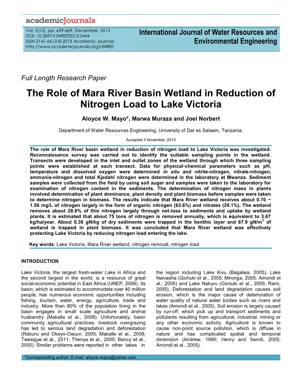 The Role of Mara River Basin Wetland in Reduction of Nitrogen Load to Lake Victoria