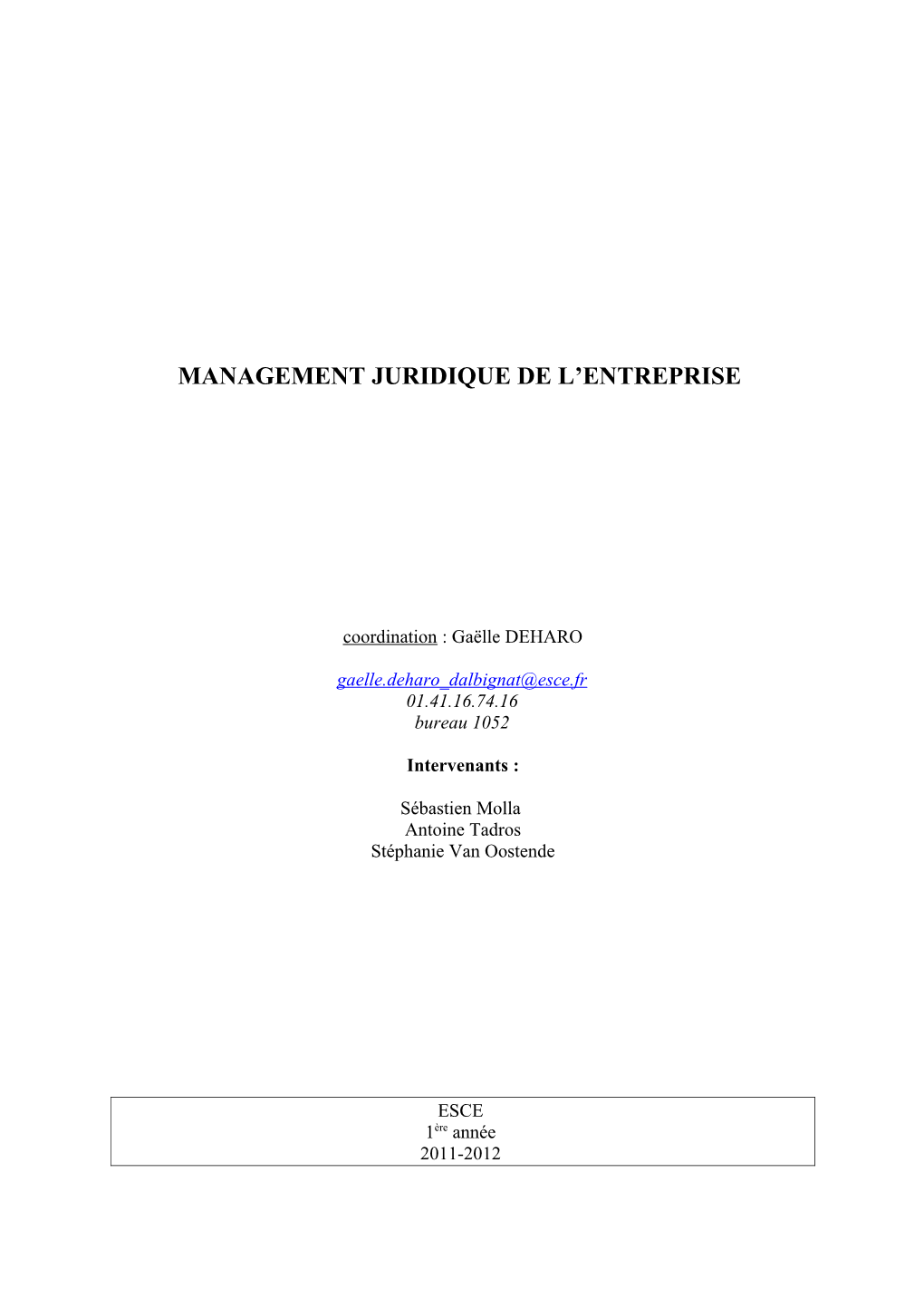 Management Juridique De L’Entreprise