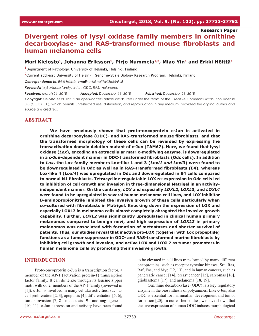 Divergent Roles of Lysyl Oxidase Family Members in Ornithine Decarboxylase- and RAS-Transformed Mouse Fibroblasts and Human Melanoma Cells