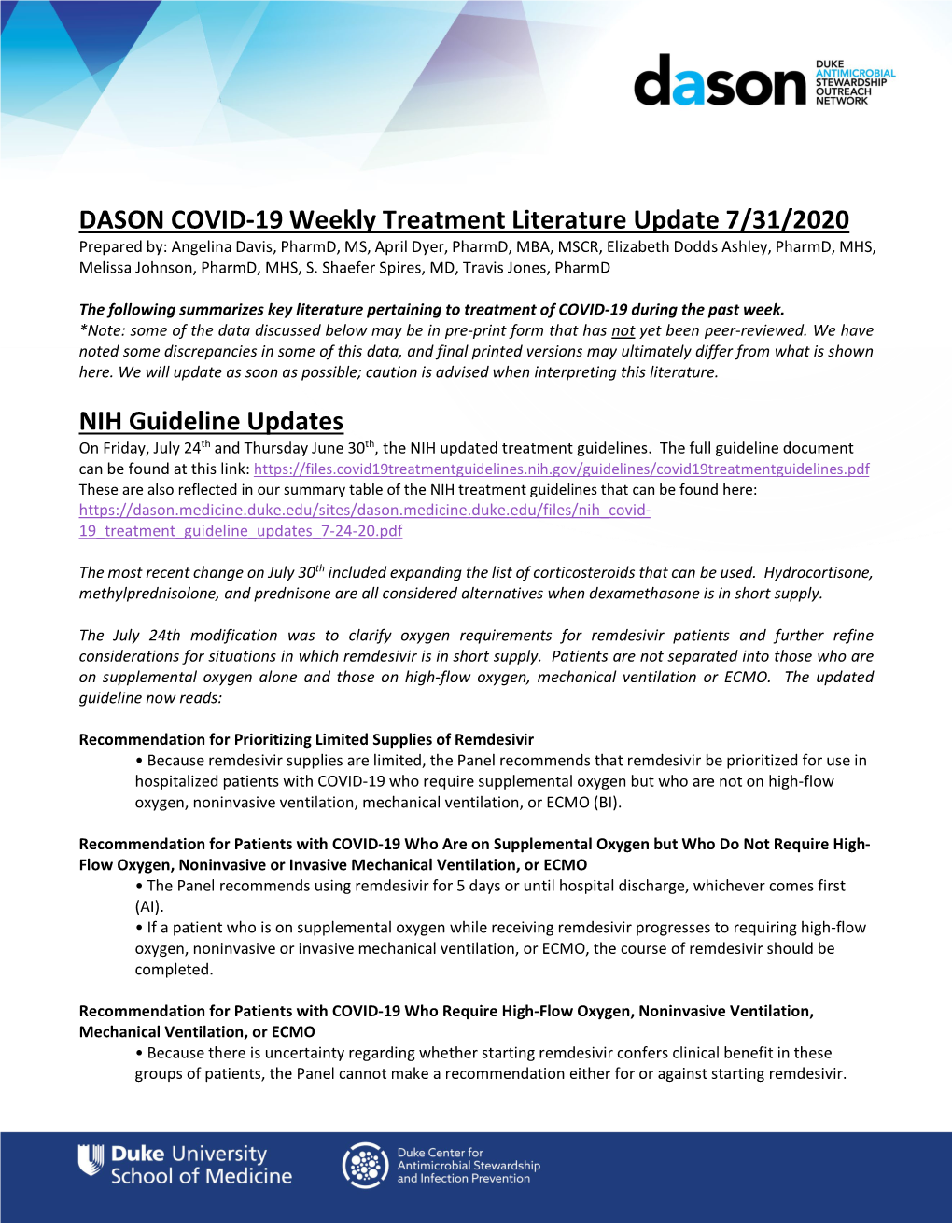 DASON COVID-19 Weekly Treatment Literature Update 7/31/2020 NIH