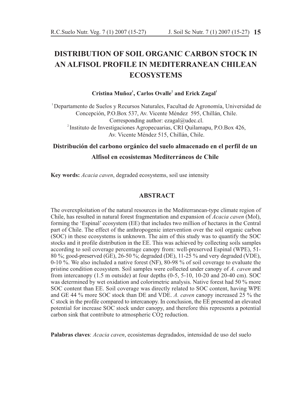 Distribution of Soil Organic Carbon Stock in an Alfisol Profile in Mediterranean Chilean Ecosystems