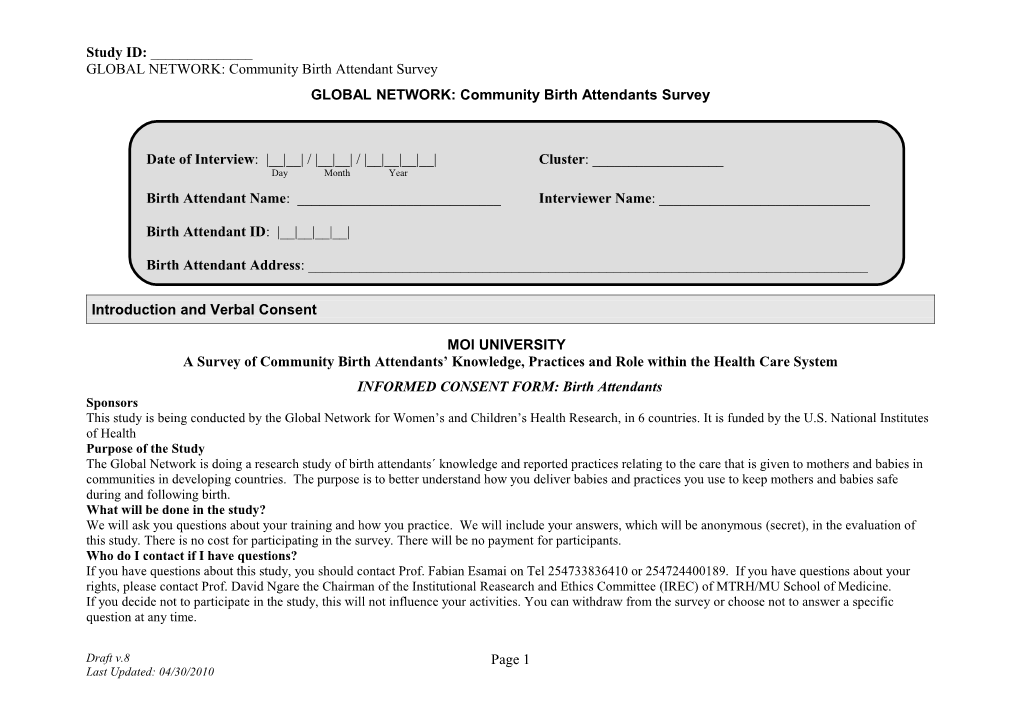 The Global Network: a Survey of Community Birth Attendants Knowledge, Practices and Role