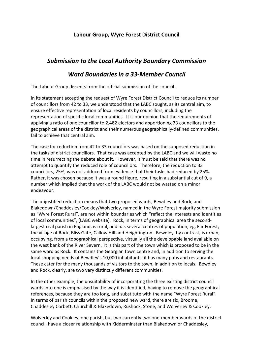 Submission to the Local Authority Boundary Commission Ward Boundaries in a 33-Member Council