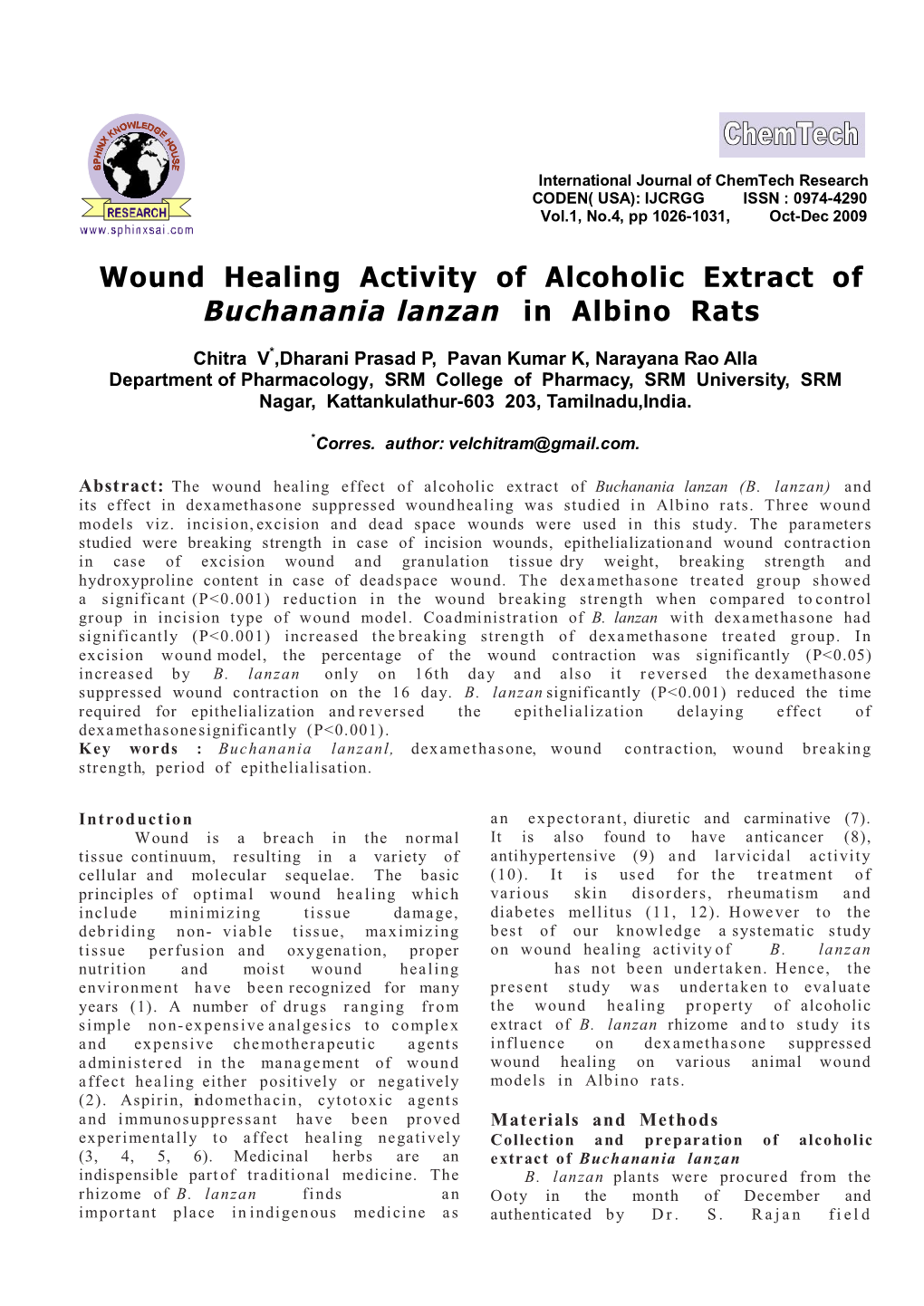 Wound Healing Activity of Alcoholic Extract of Buchanania Lanzan in Albino Rats