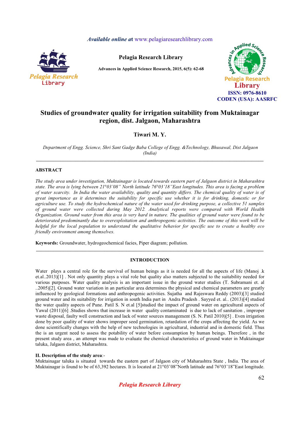 Studies of Groundwater Quality for Irrigation Suitability from Muktainagar Region, Dist. Jalgaon, Maharashtra