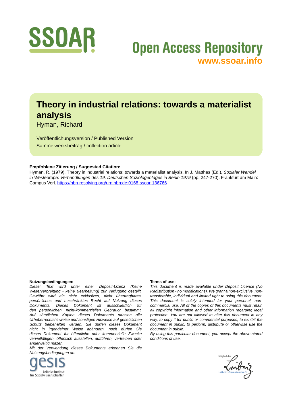 Theory in Industrial Relations: Towards a Materialist Analysis Hyman, Richard