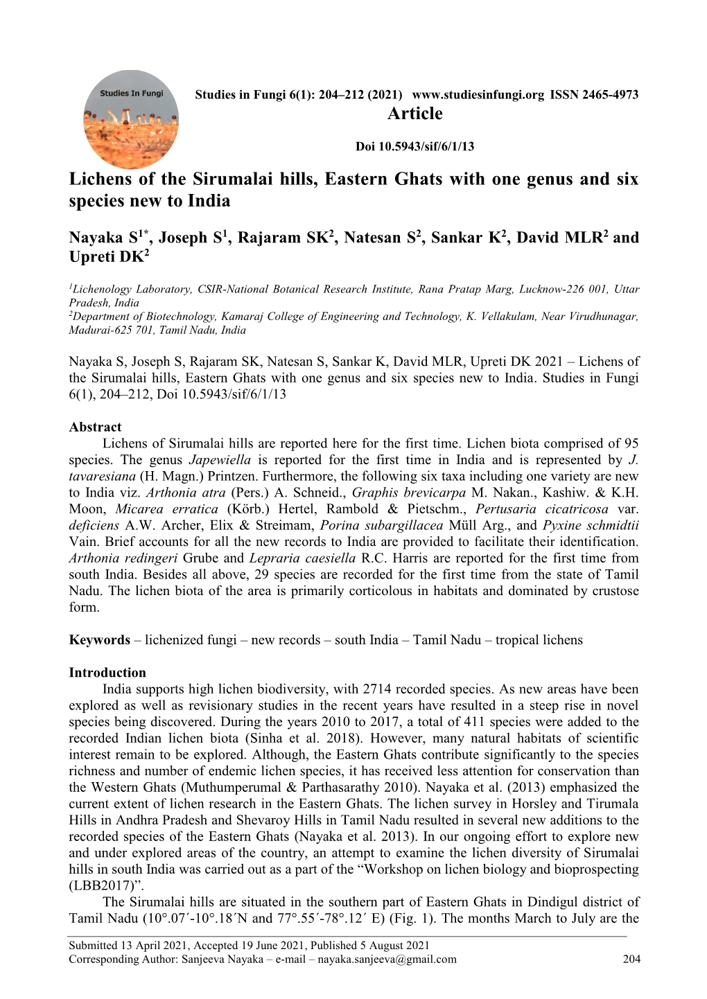 Lichens of the Sirumalai Hills, Eastern Ghats with One Genus and Six Species New to India