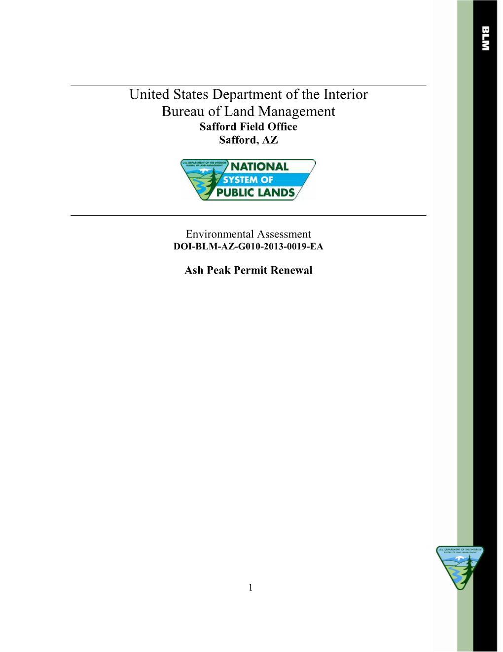 United States Department of the Interior Bureau of Land Management Safford Field Office Safford, AZ