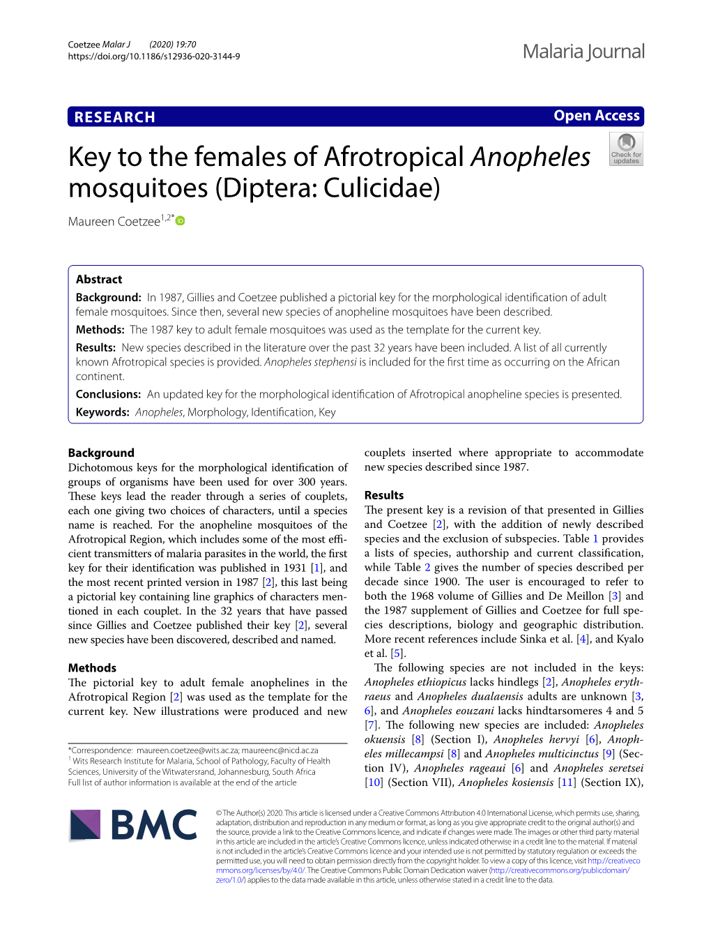 Key to the Females of Afrotropical Anopheles Mosquitoes (Diptera: Culicidae) Maureen Coetzee1,2*