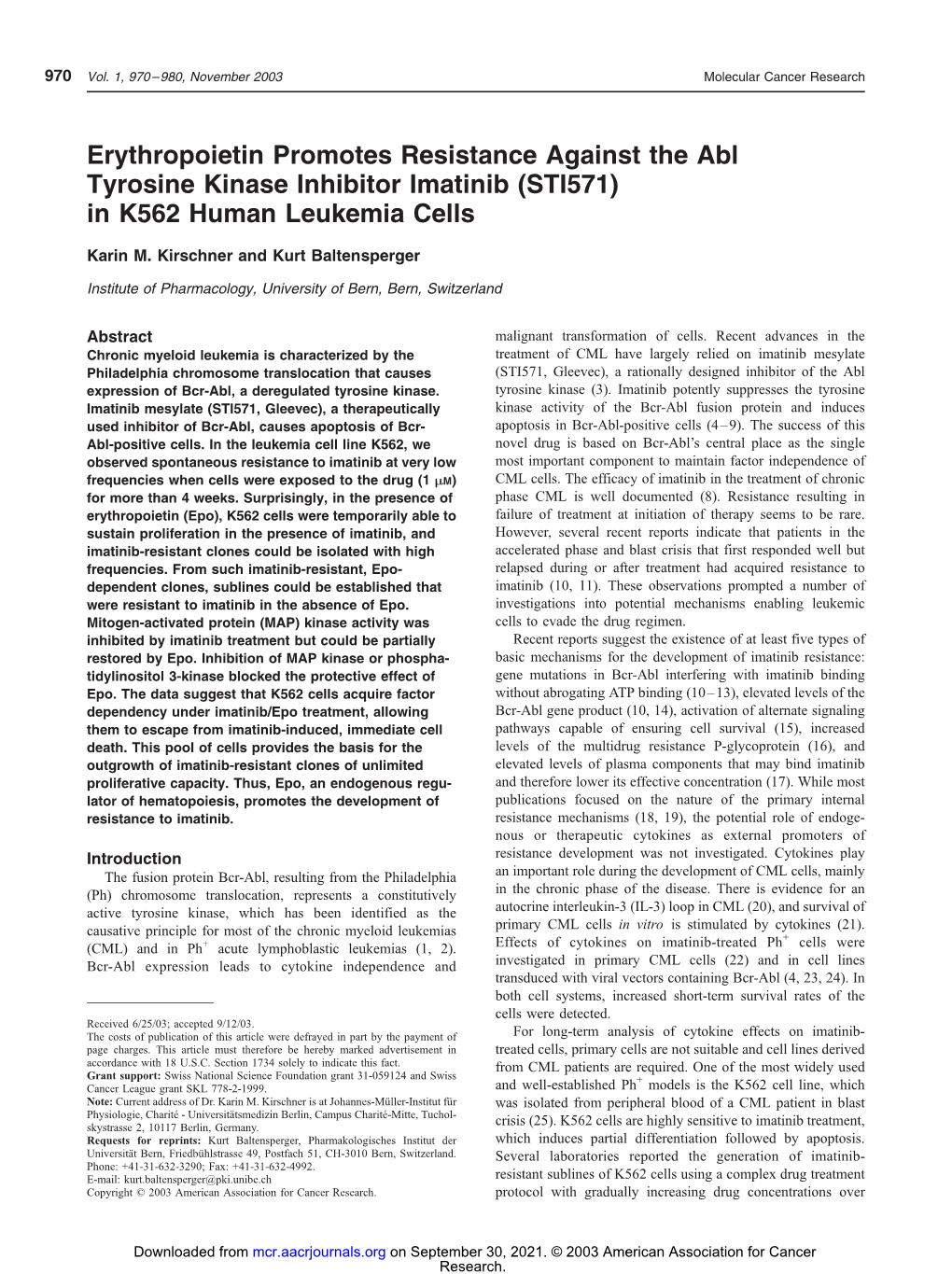 Erythropoietin Promotes Resistance Against the Abl Tyrosine Kinase Inhibitor Imatinib (STI571) in K562 Human Leukemia Cells