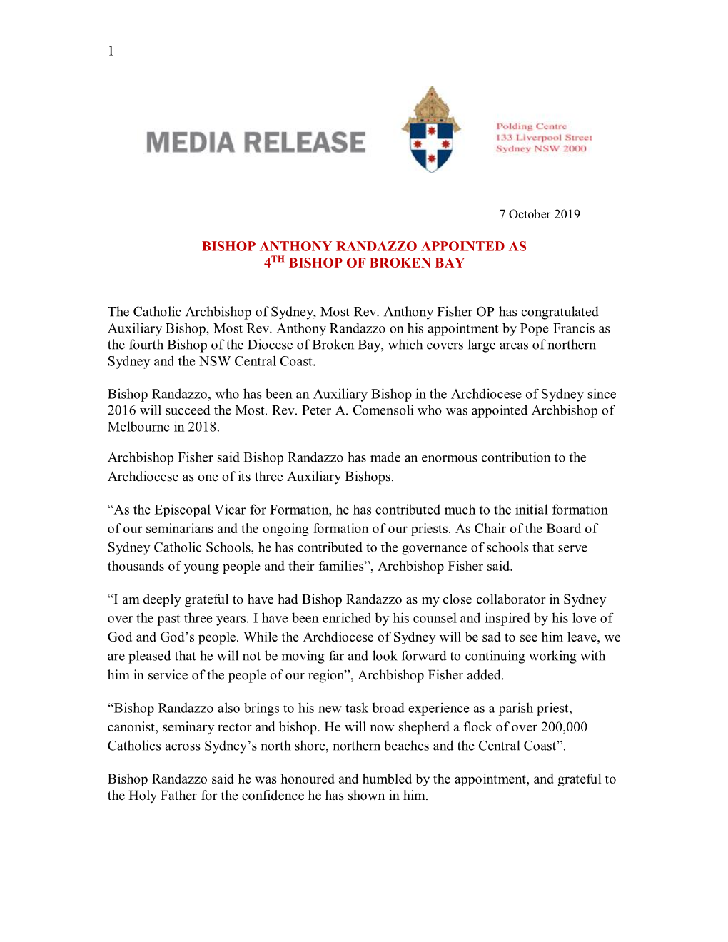 Bishop Anthony Randazzo Appointed As 4Th Bishop of Broken Bay