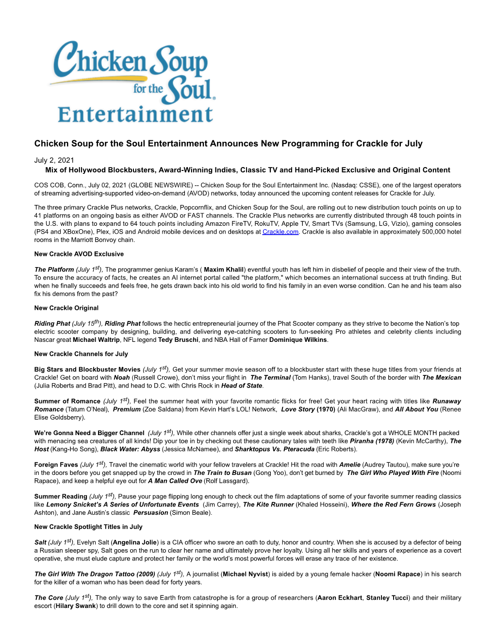 Chicken Soup for the Soul Entertainment Announces New Programming for Crackle for July