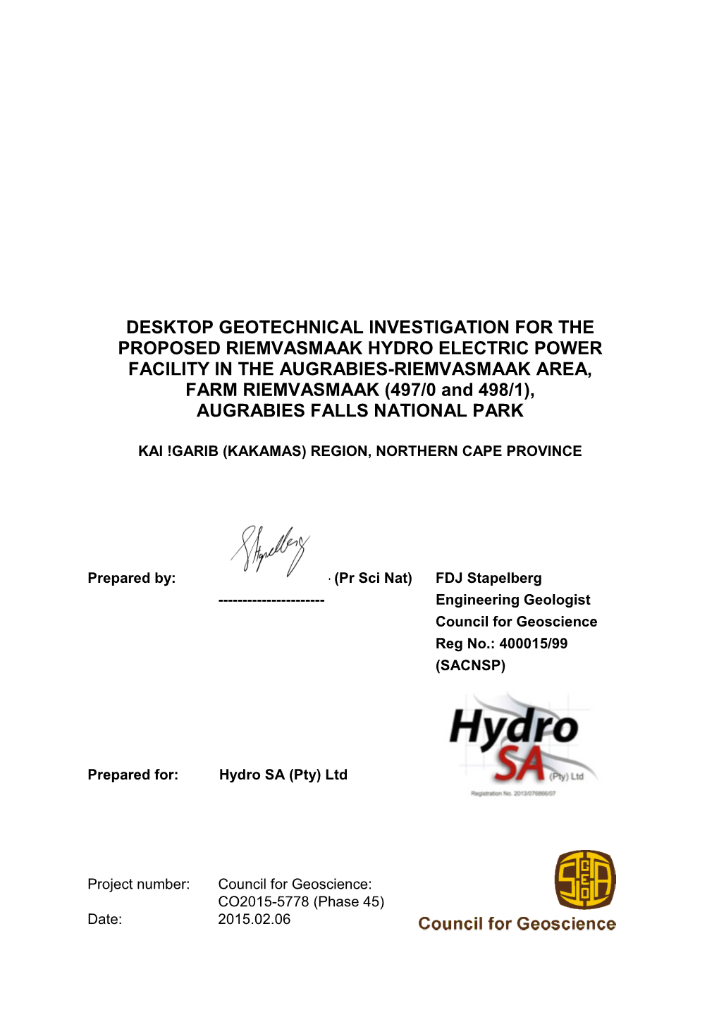 Rienvasmaak-Augrabies Hydro Geotechnical Desk Study
