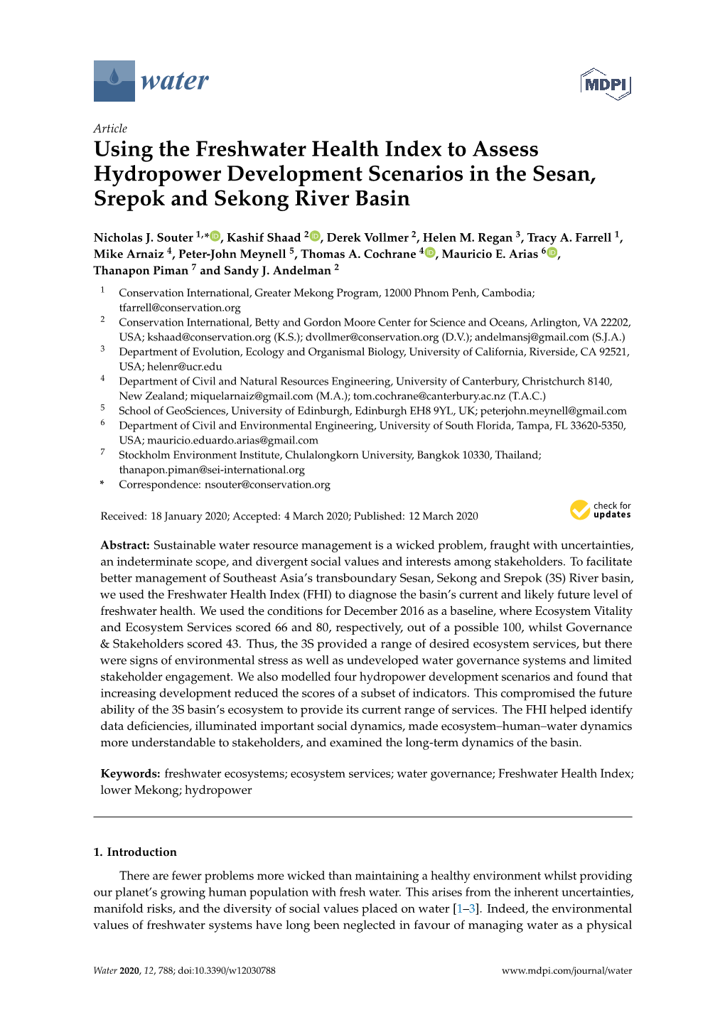 Using the Freshwater Health Index to Assess Hydropower Development Scenarios in the Sesan, Srepok and Sekong River Basin