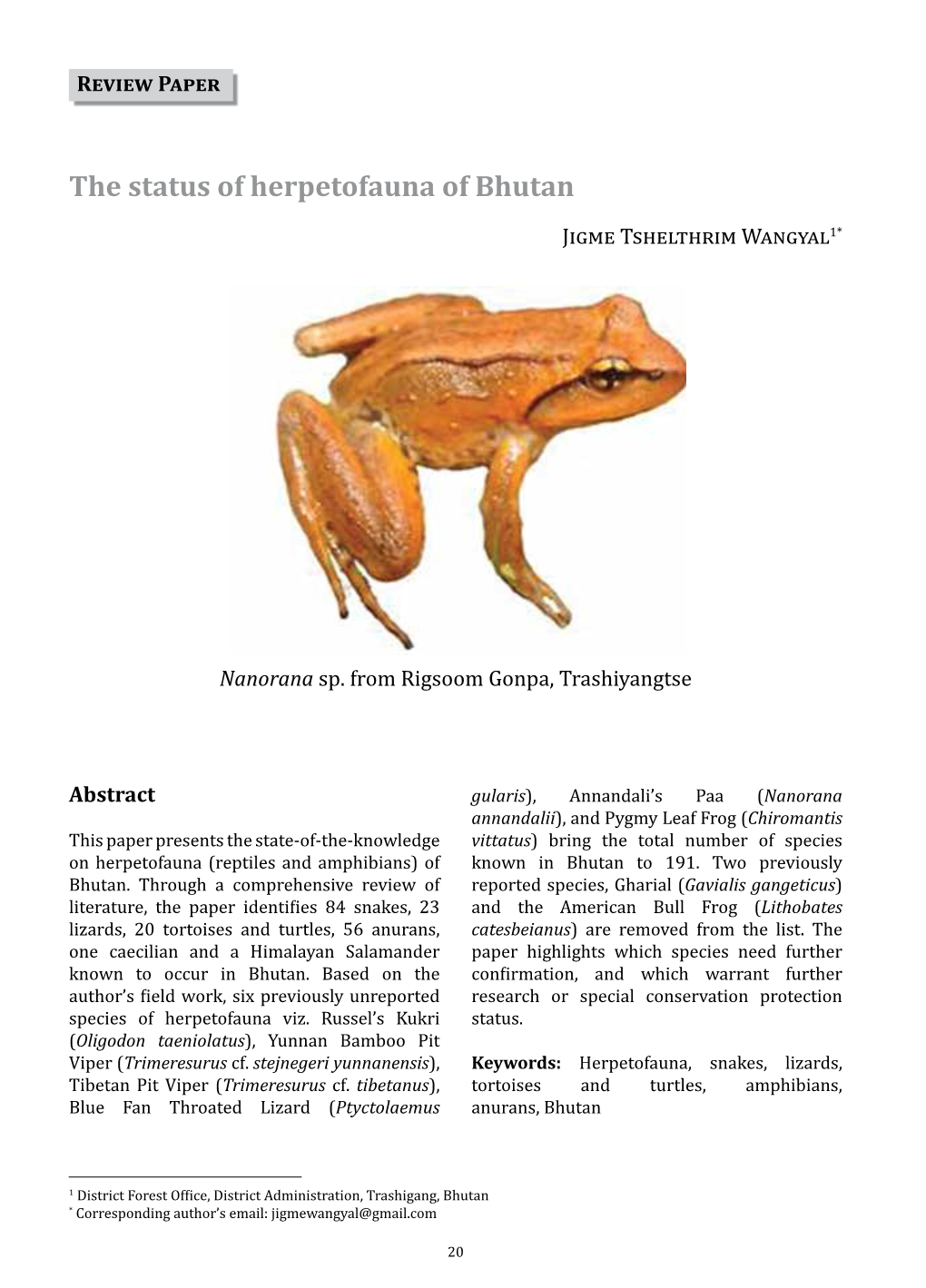 The Status of Herpetofauna of Bhutan