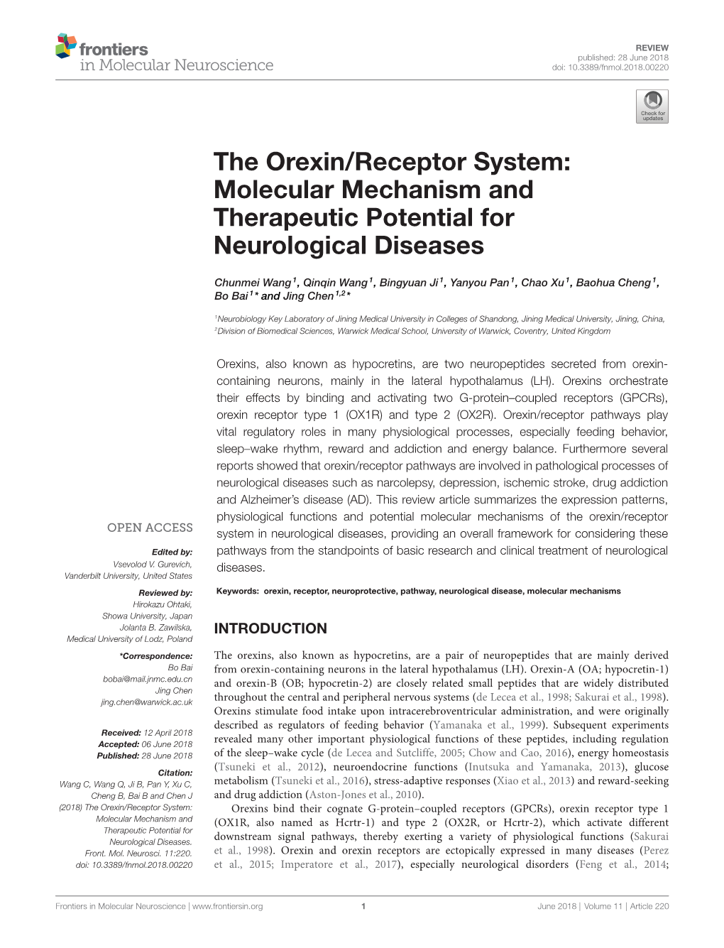 The Orexin/Receptor System: Molecular Mechanism and Therapeutic Potential for Neurological Diseases