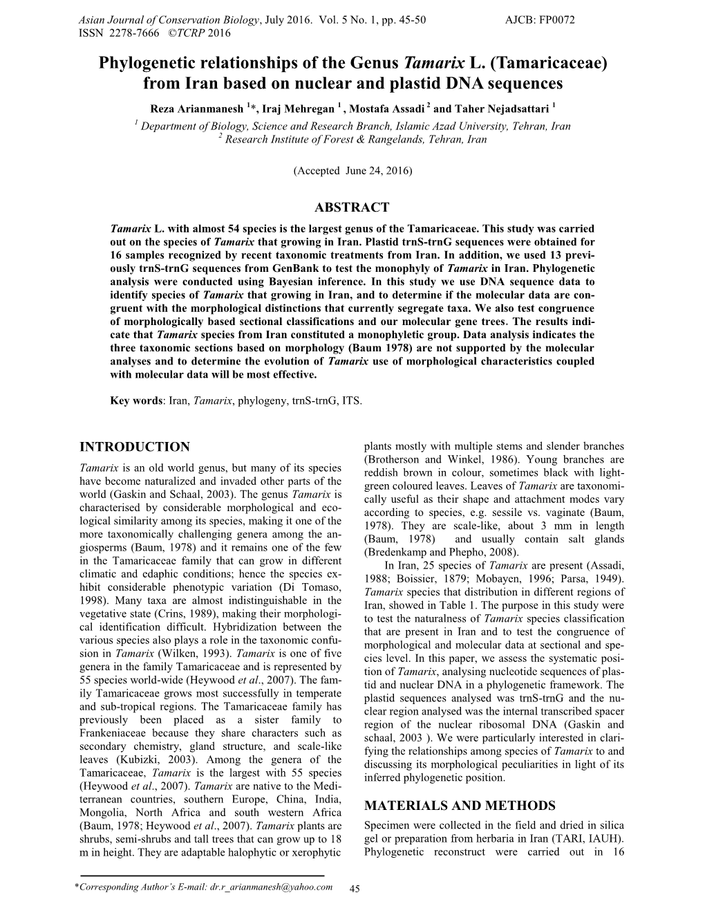 Tamaricaceae) from Iran Based on Nuclear and Plastid DNA Sequences