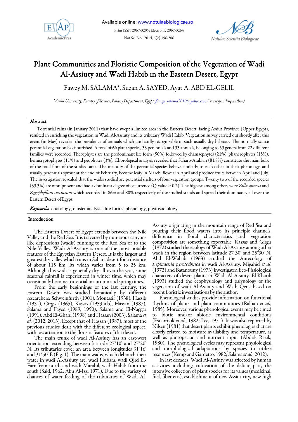 Plant Communities and Floristic Composition of the Vegetation of Wadi Alalal-Al ---Assiutyassiuty and Wadi Habib in the Eastern Desert, Egyptegypt Fawzy M