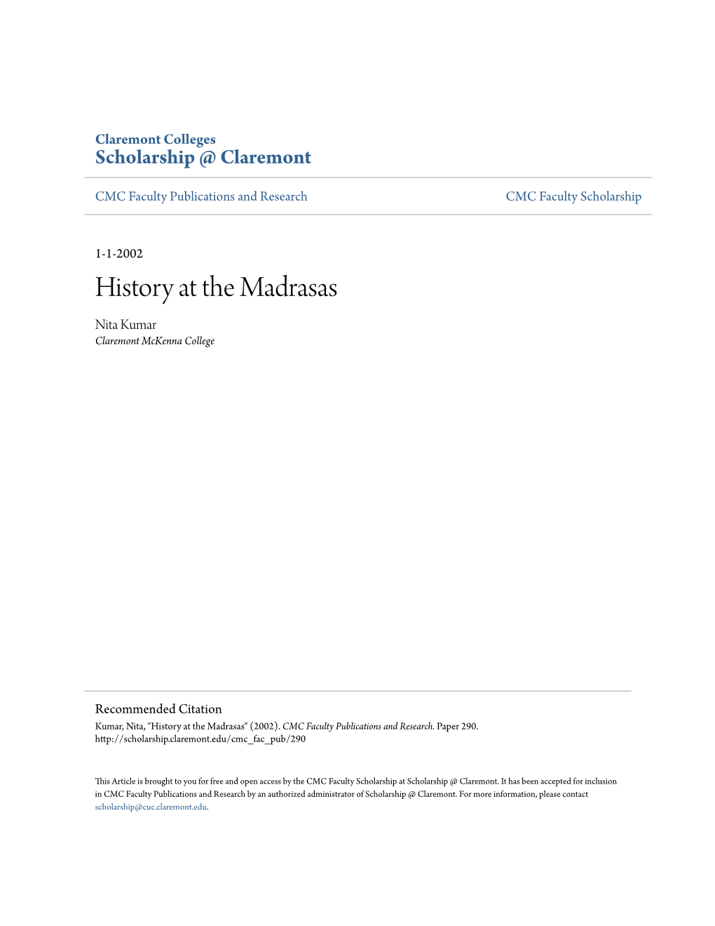 History at the Madrasas Nita Kumar Claremont Mckenna College