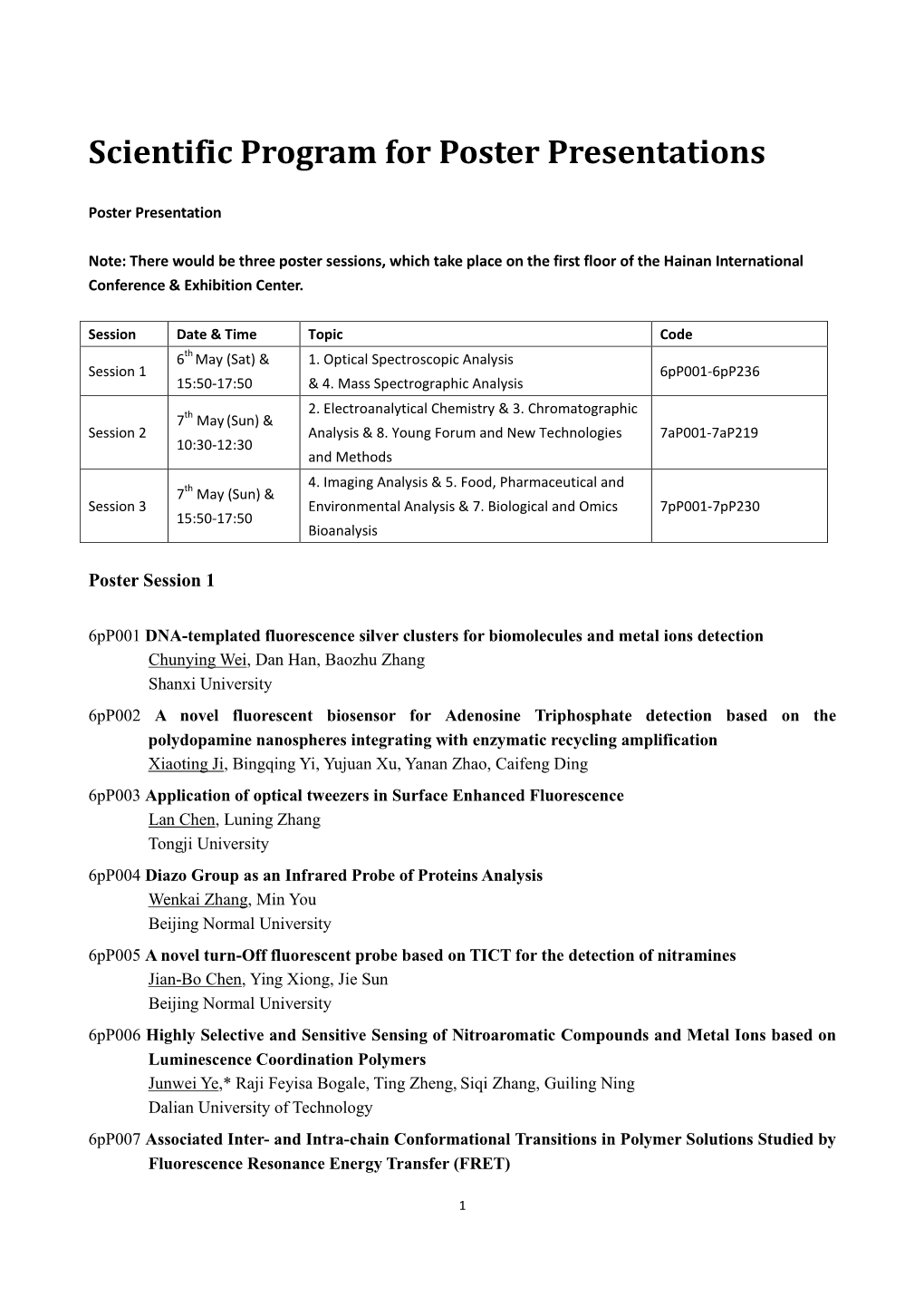 Scientific Program for Poster Presentations