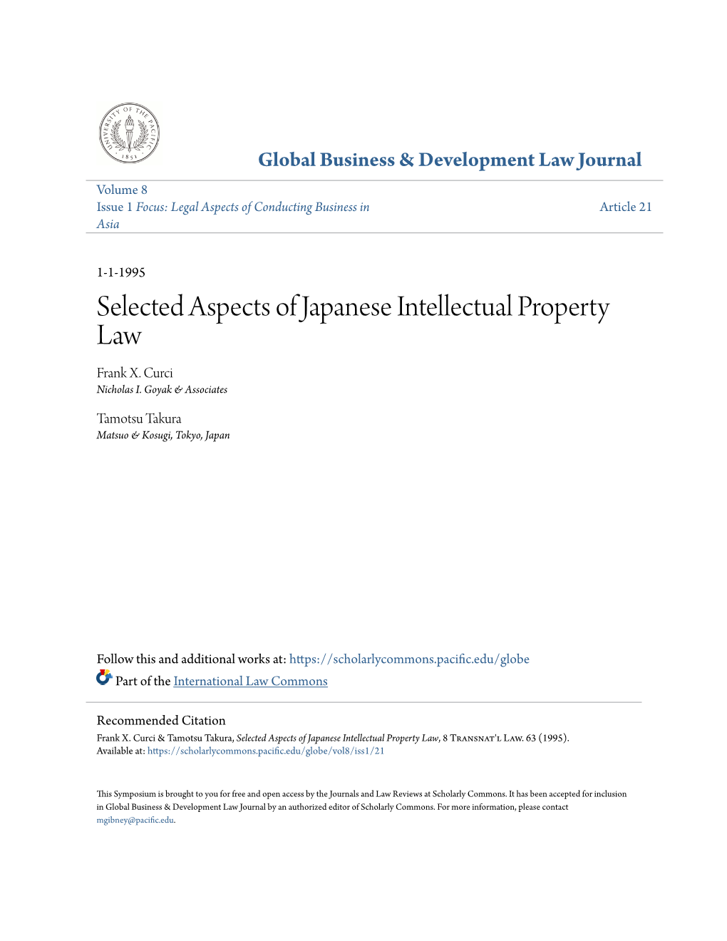 Selected Aspects of Japanese Intellectual Property Law Frank X