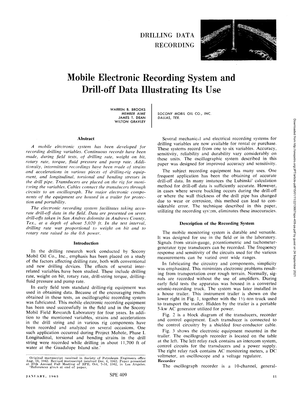 Mobile Electronic Recording System and Drill-Off Data Illustrating Its Use