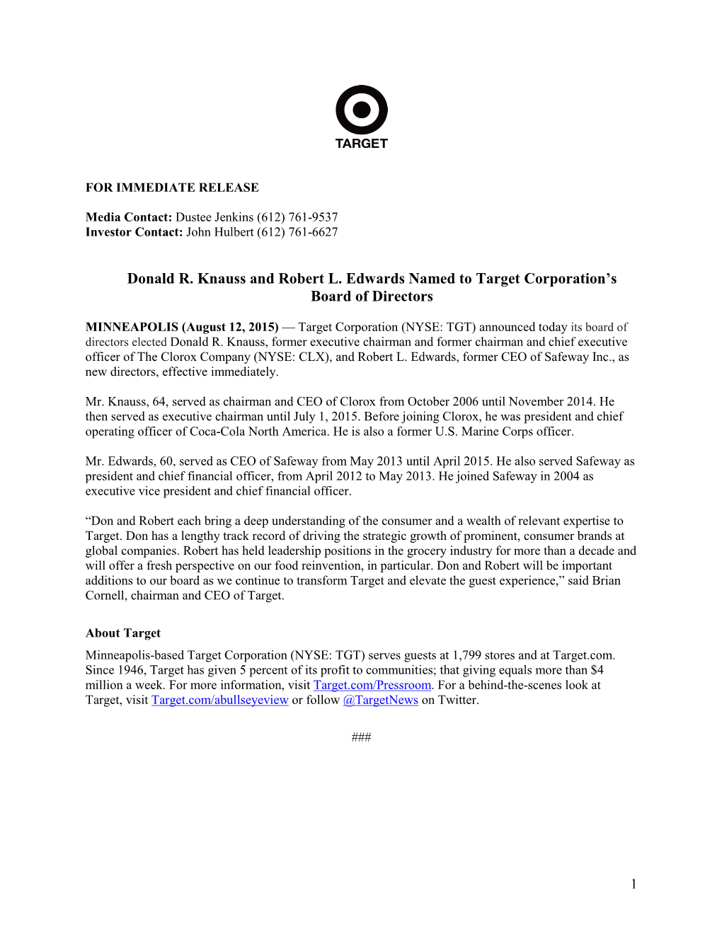 Donald R. Knauss and Robert L. Edwards Named to Target Corporation’S Board of Directors