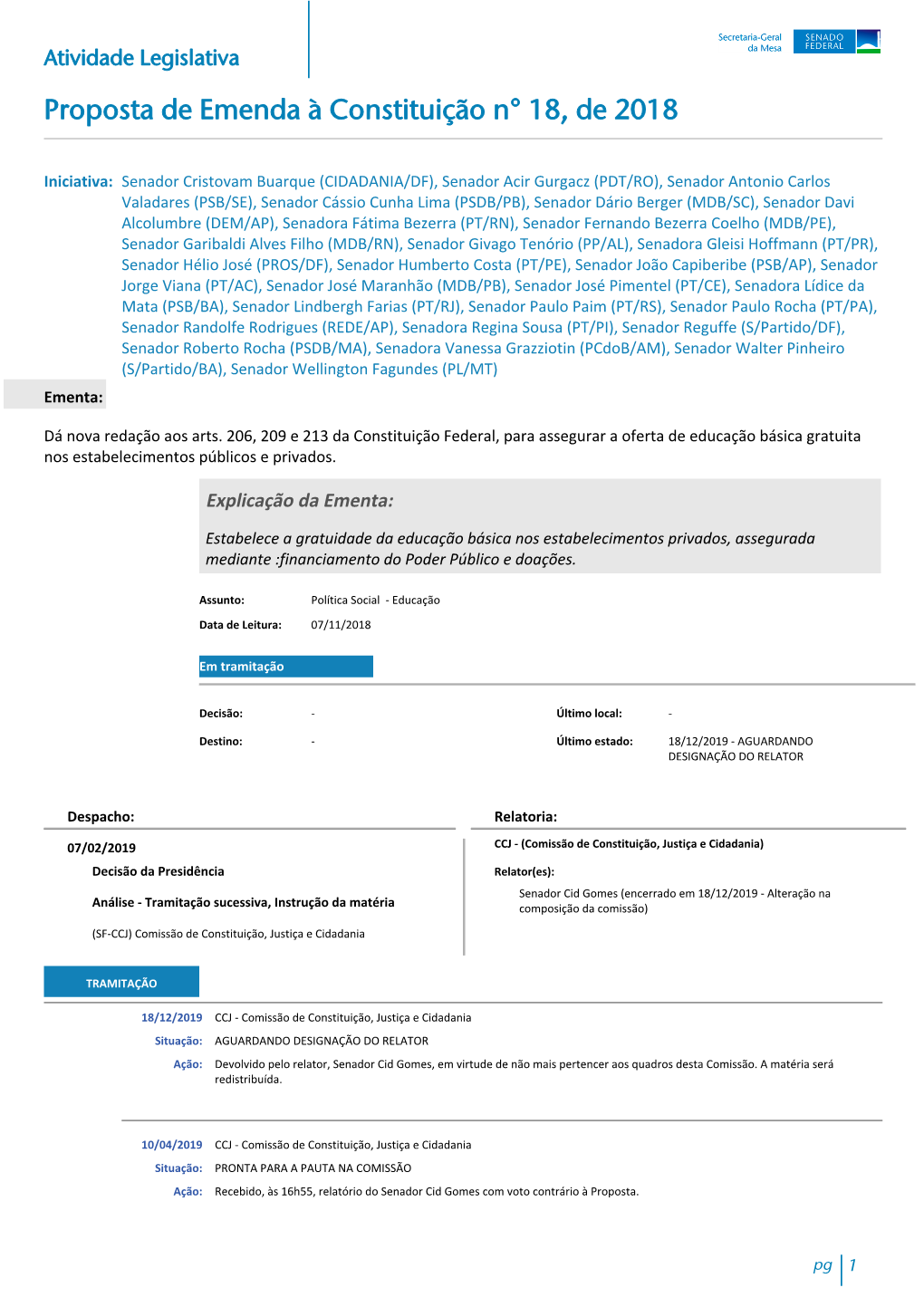 Proposta De Emenda À Constituição N° 18, De 2018