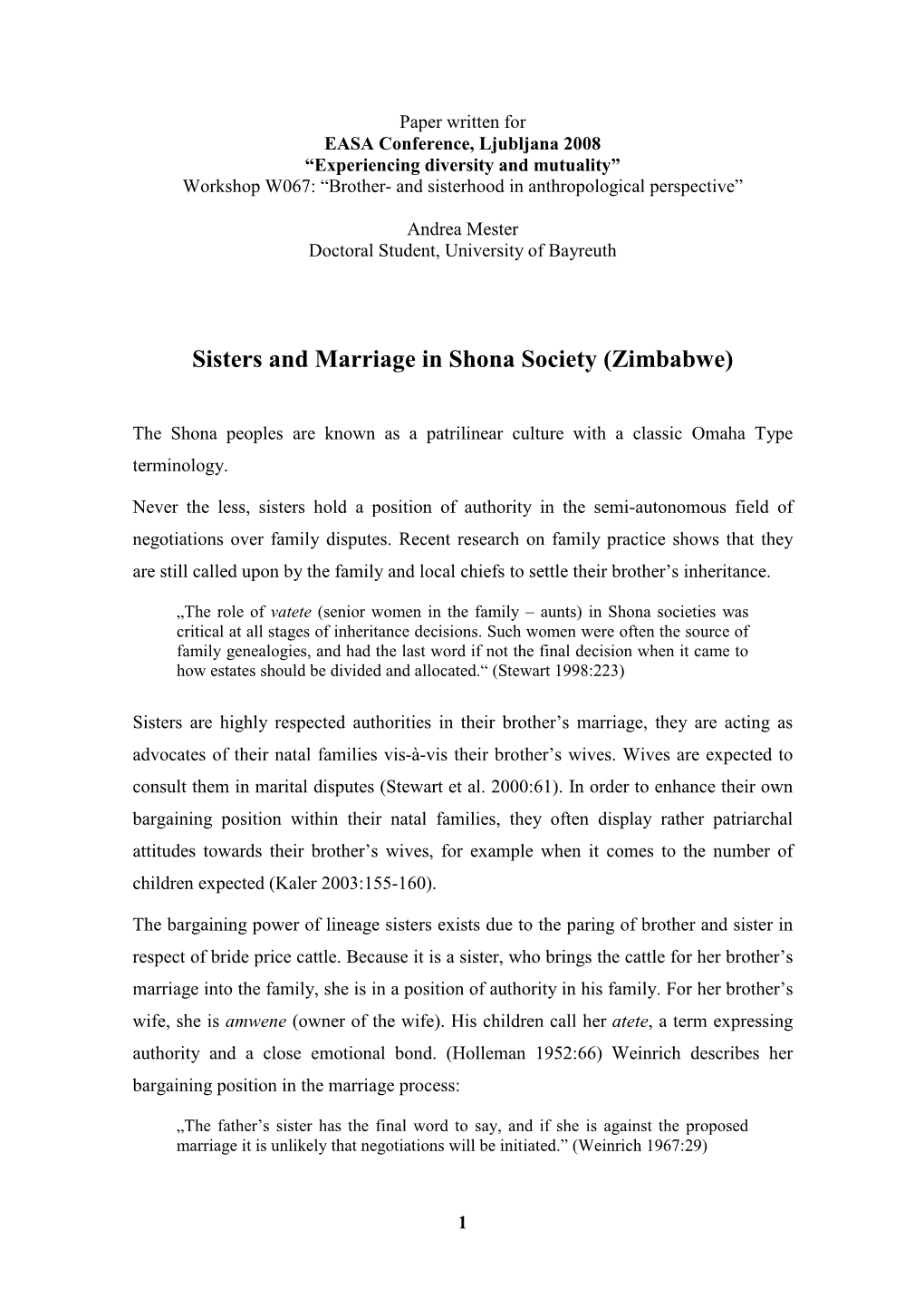 Sisters and Marriage in Shona Society (Zimbabwe)