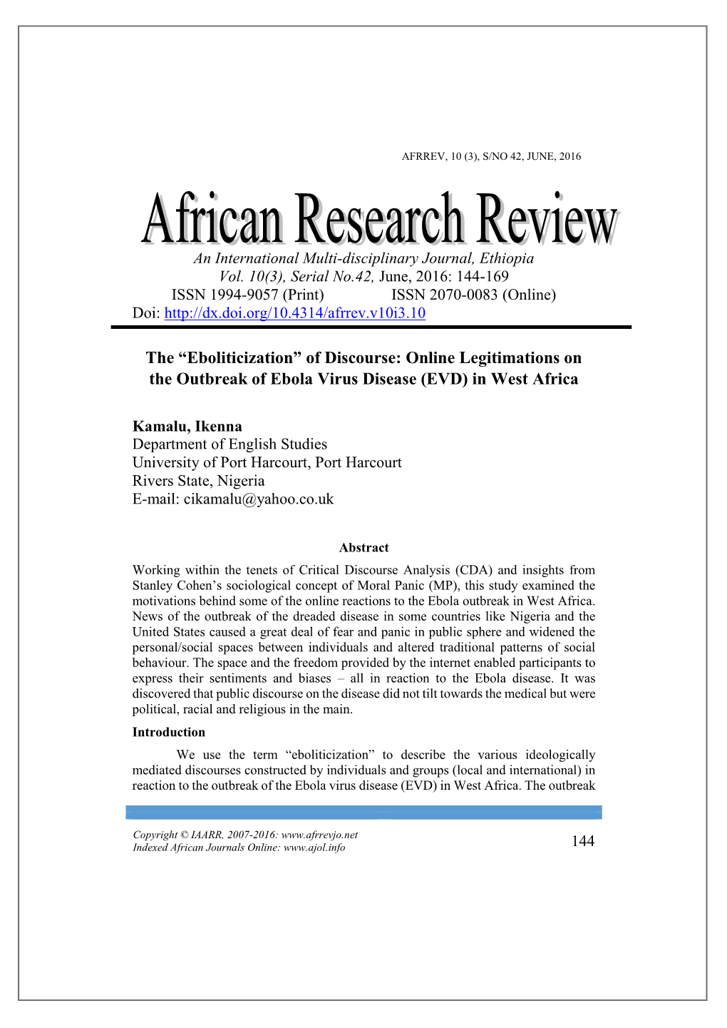 Online Legitimations on the Outbreak of Ebola Virus Disease (EVD) in West Africa
