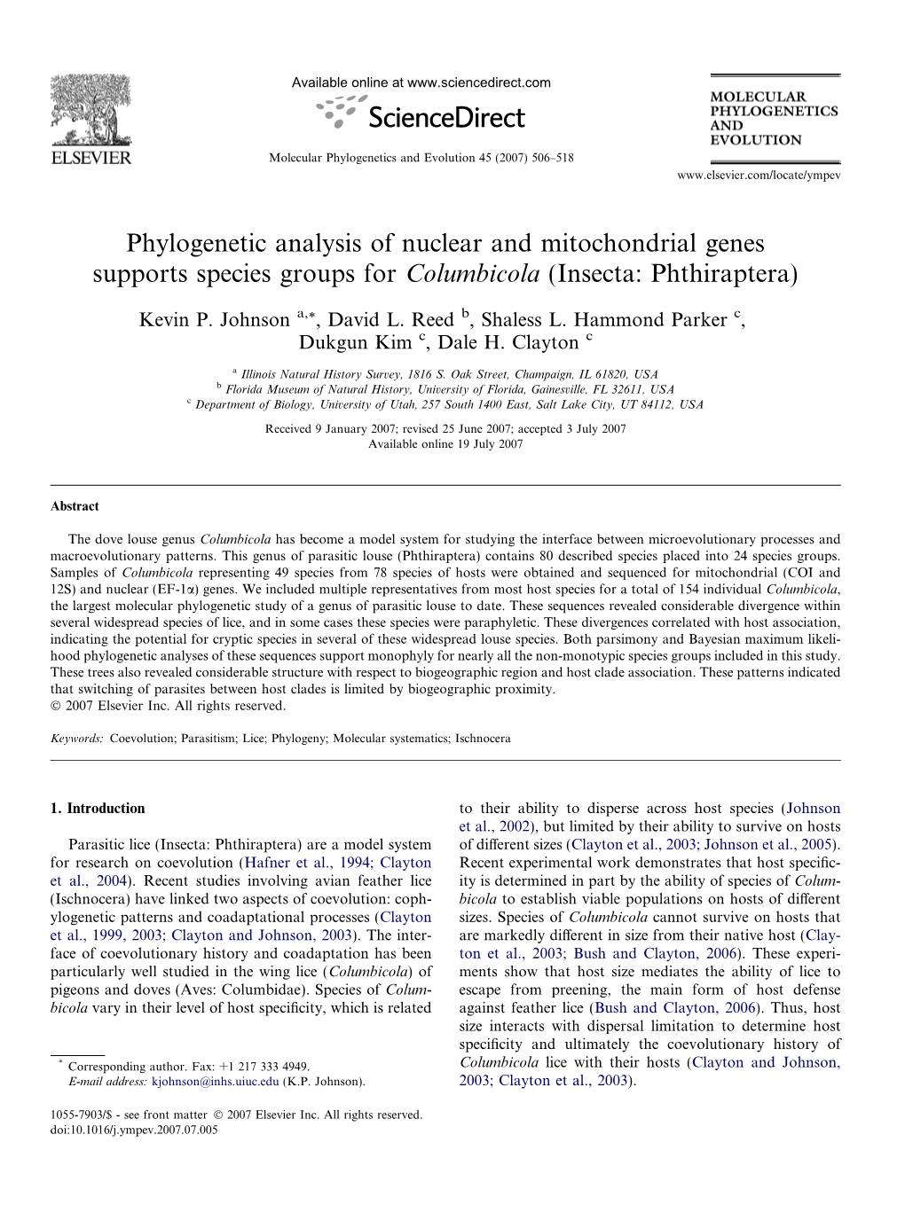 Phylogenetic Analysis of Nuclear and Mitochondrial Genes Supports Species Groups for Columbicola (Insecta: Phthiraptera)