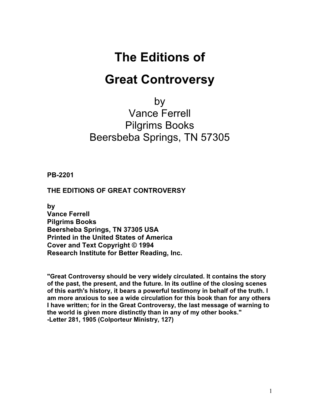 Editions of Great Controversy