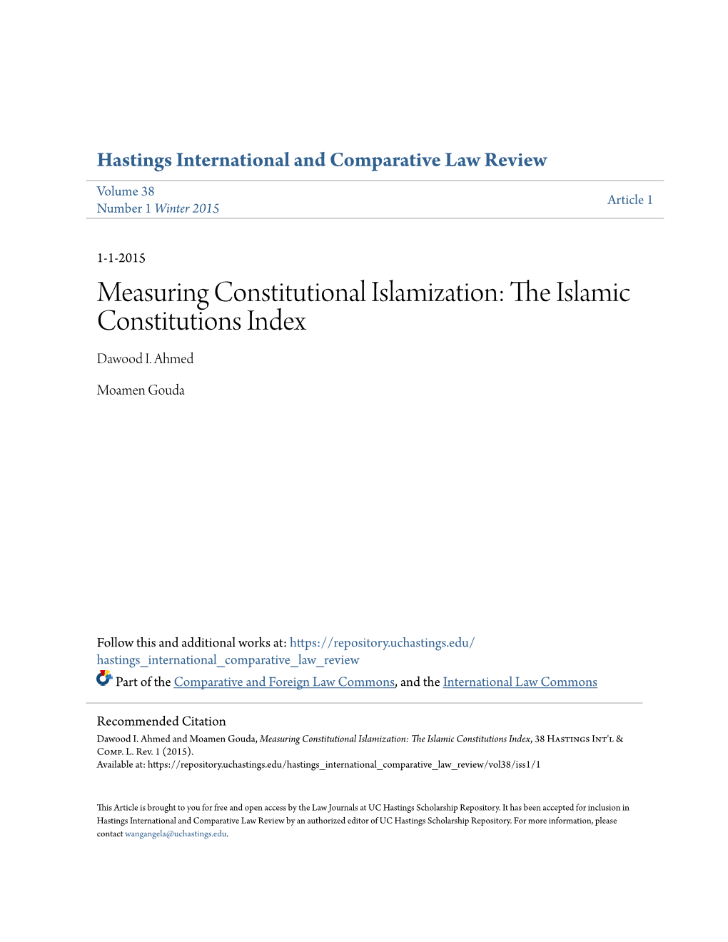 The Islamic Constitutions Index, 38 Hastings Int'l & Comp
