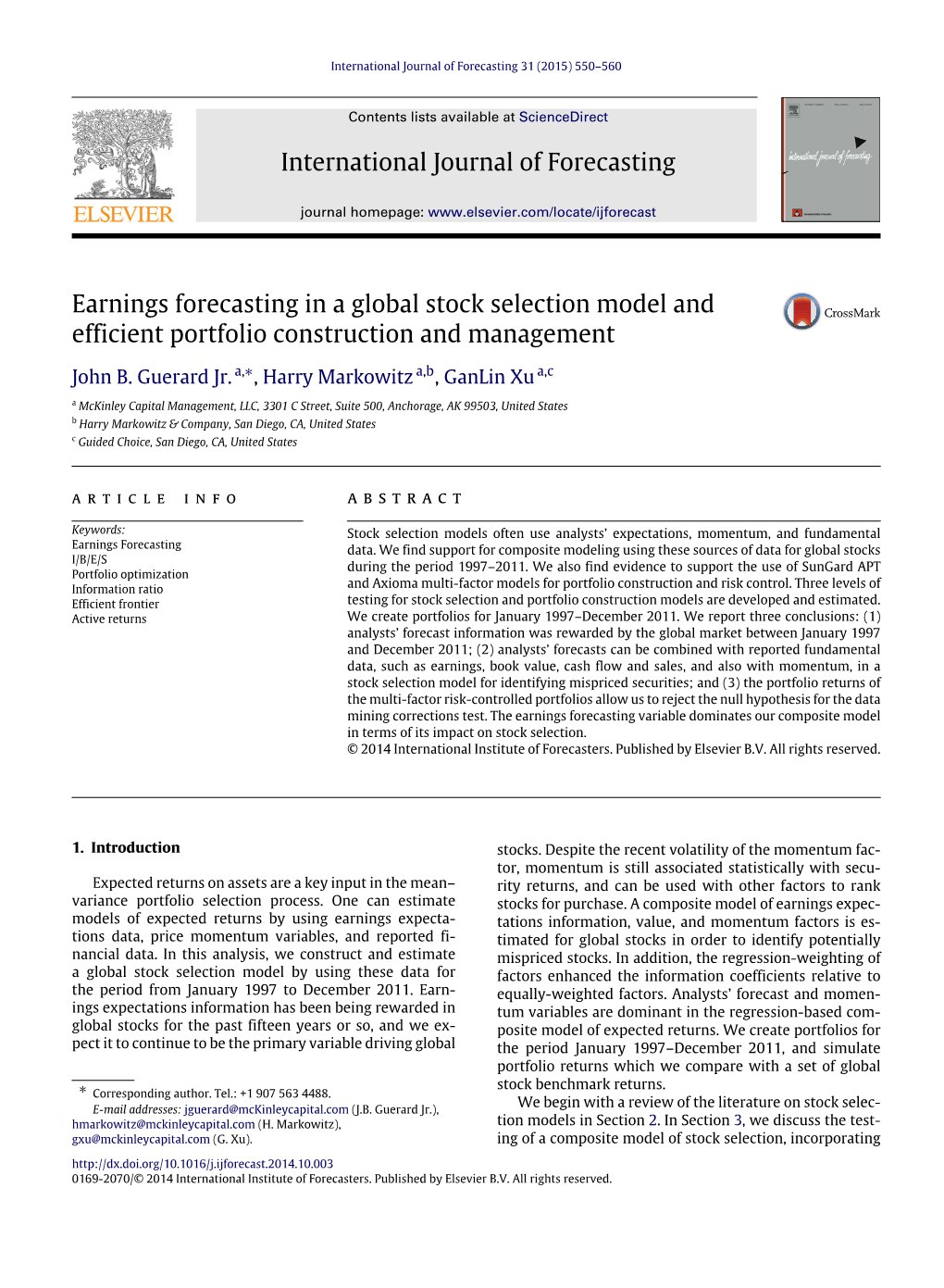 Earnings Forecasting in a Global Stock Selection Model and Efficient Portfolio Construction and Management