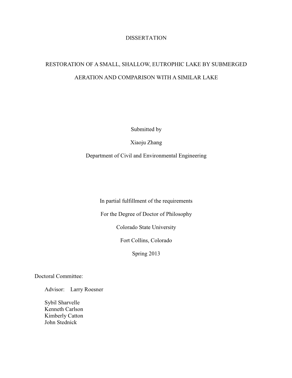 Dissertation Restoration of a Small, Shallow, Eutrophic