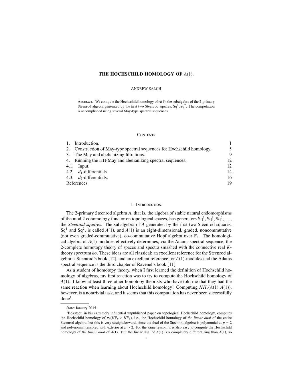 THE HOCHSCHILD HOMOLOGY of A(1). Contents 1. Introduction. 1 2