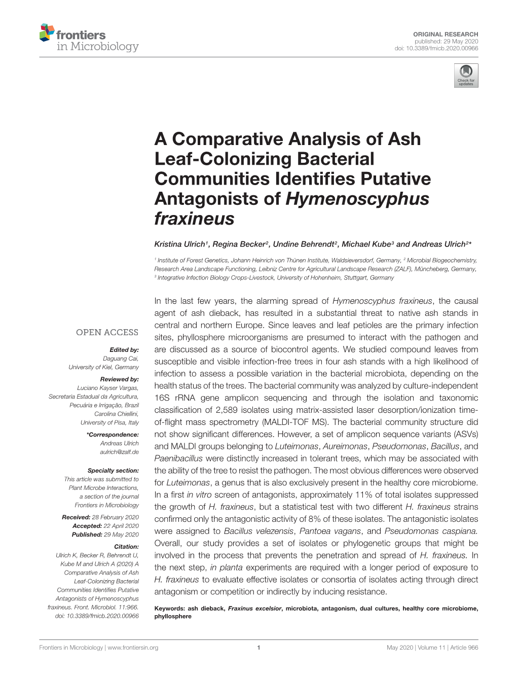 A Comparative Analysis of Ash Leaf-Colonizing Bacterial Communities Identiﬁes Putative Antagonists of Hymenoscyphus Fraxineus