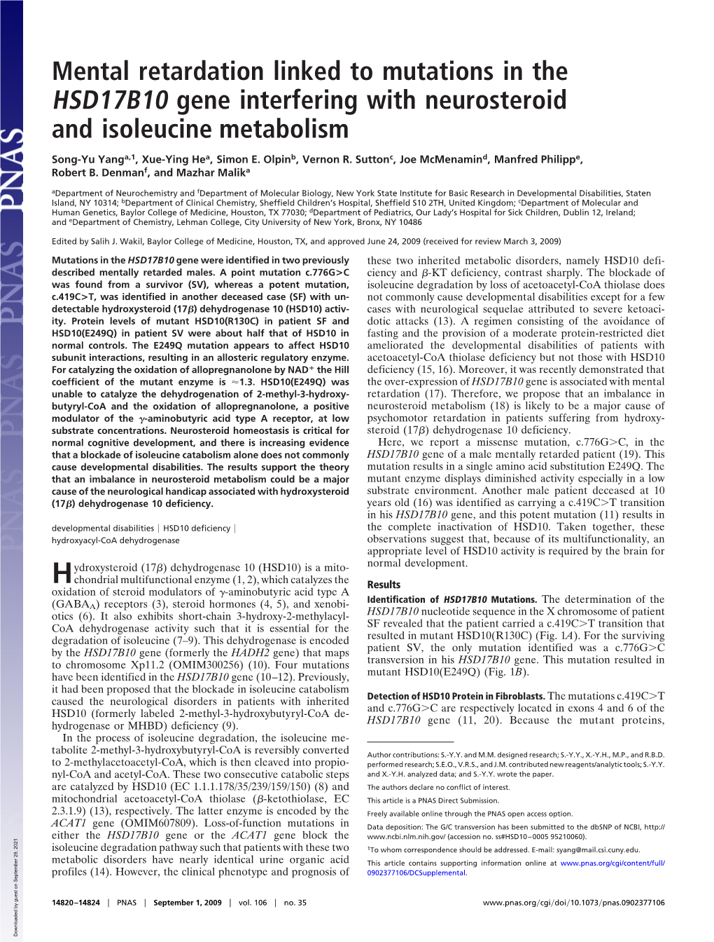 Mental Retardation Linked to Mutations in the HSD17B10 Gene Interfering with Neurosteroid and Isoleucine Metabolism