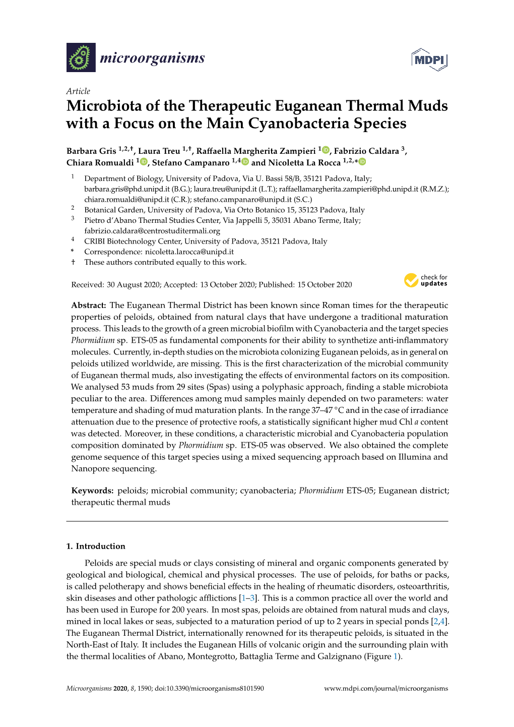 Microbiota of the Therapeutic Euganean Thermal Muds with a Focus on the Main Cyanobacteria Species