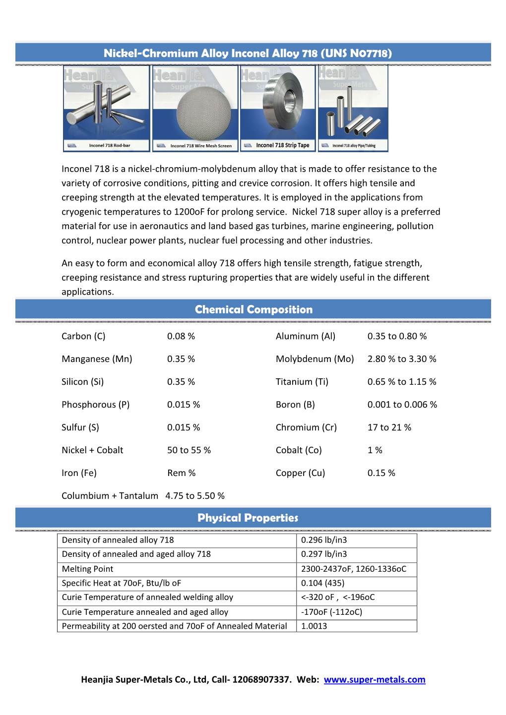 Nickel-Chromium Alloy Inconel Alloy 718 (UNS N07718)