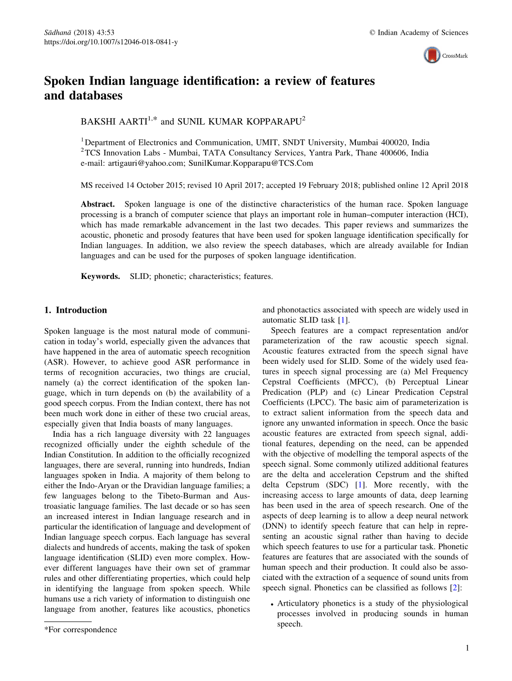 Spoken Indian Language Identification: a Review of Features and Databases