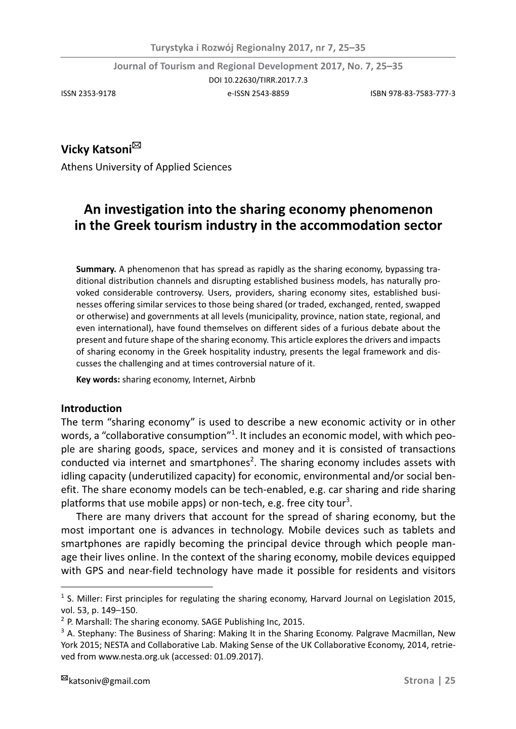An Investigation Into the Sharing Economy Phenomenon in the Greek Tourism Industry in the Accommodation Sector