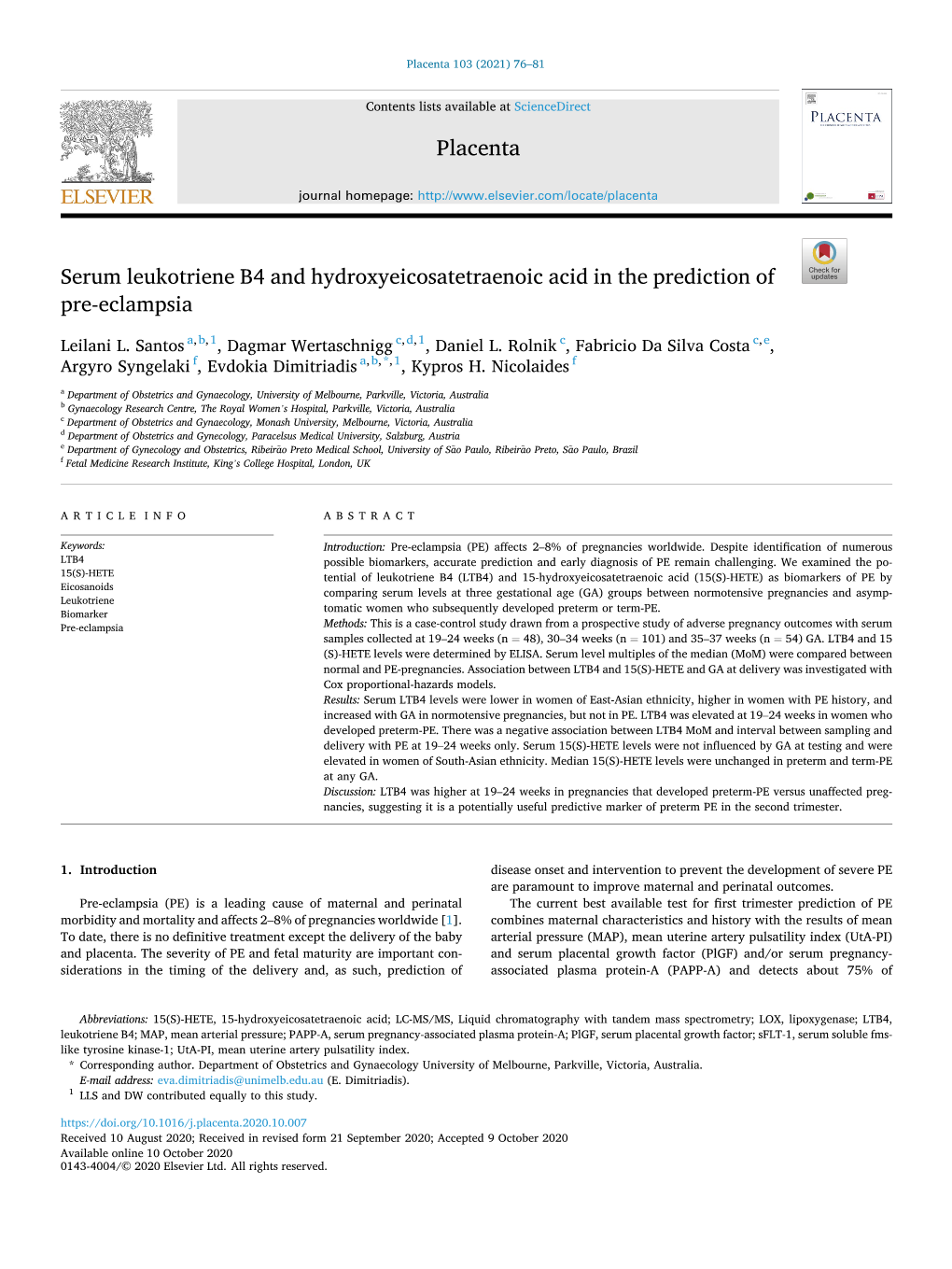 Serum Leukotriene B4 and Hydroxyeicosatetraenoic Acid in the Prediction of Pre-Eclampsia